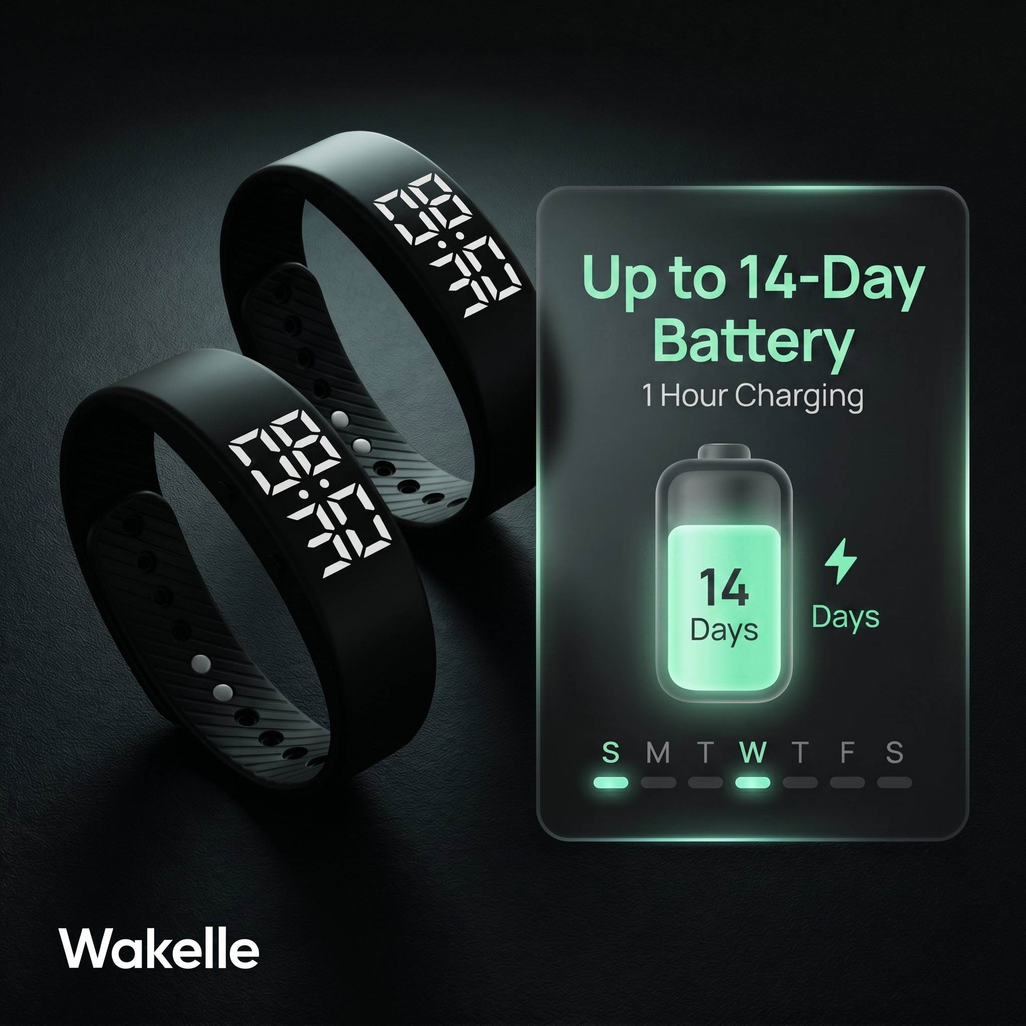 Wakelle up to 14-day battery, 1 hour charging